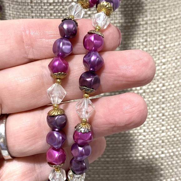 Double strand beaded necklace purples & pink clear faceted beads retro romantic - Picture 2 of 4
